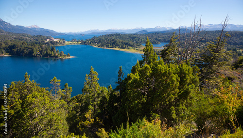General view of spectacular Lago Nahuel Huapi and Cerro Campanario in Argentina