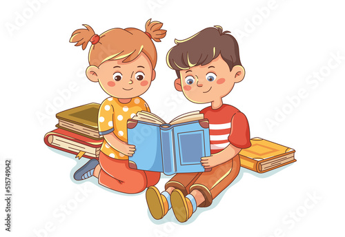 Children learn from books. Little boy and girl sitting and reading interesting fairy tale together. Friends spend time together and gain new knowledge. Cartoon colorful flat vector illustration