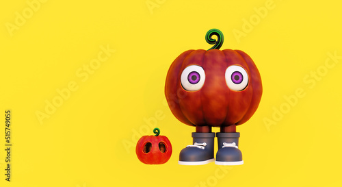 3D Jack O lanterns Halloween pumpkin orange red color scary face big violet eyes in cartoon character and little young pumpkin friend on warm yellow