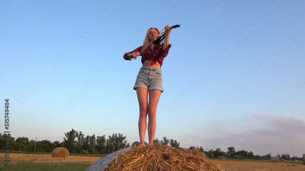 Slow Motion Attractive woman playing the violin on the field