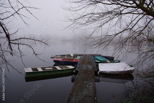 Boote liegen an einem Steg. Es ist Winter und stark nebelig, die Landschaft ist unklar. Von der Seite ragen kahle Äste ins Bild. Die Spiegelungen im Wasser sind klar und ruhig. Ein Stillleben. 