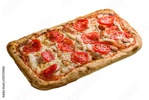 Pizza with salmon and tomatoes on Roman dough isolated on white background side view