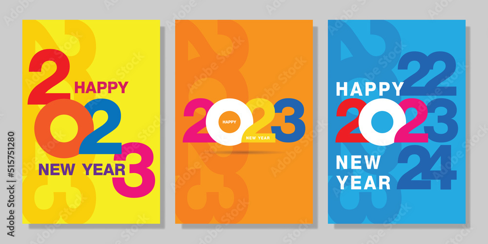 2023 colorful set of Happy New Year posters. Design templates for celebration and season decoration using the typographic logo 2023. Trendy minimal backgrounds for branding, banners, covers
