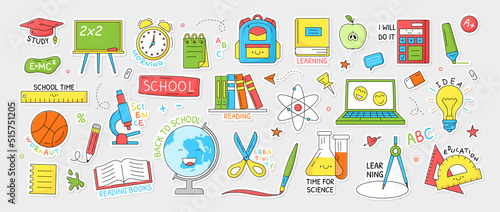 Set of School stickers. Colorful badges with books, globe, backpack, rulers, pencil and other school supplies. Design elements for printing. Cartoon flat vector collection isolated on gray background