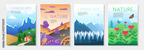 Set of posters with Nature and landscape. Banners with different seasons. Autumn leaves, mountains with snowy slopes, spring flowering plants and village fields. Cartoon flat vector collection