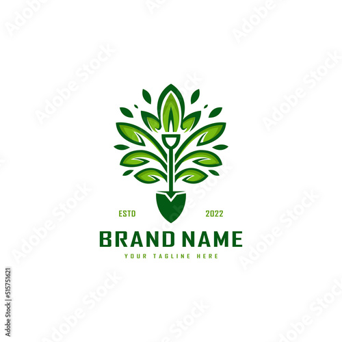Shovel tree and green leaf nature vector icon logo design illustration