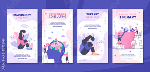 Psychology Social Media Stories Template Flat Cartoon Background Vector Illustration