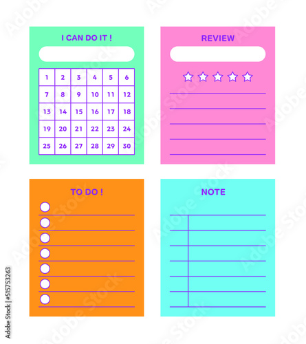 Set of colorful notes, calendars, reviews, memo paper illustrations.

