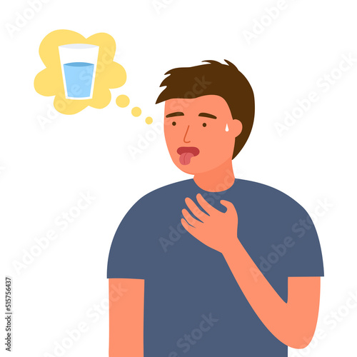 Sweaty man feel thirsty in flat design. Kids want to drink water.