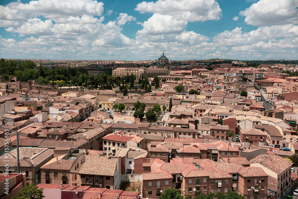 Aerial view of Toledo city, roofs of Toledo from the viewpoint, Castilla La Mancha , Spain