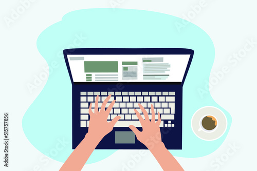 illustration of hands typing using a laptop with a cup of coffee