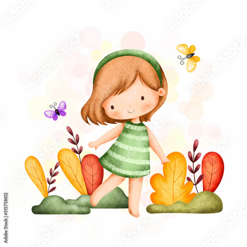Watercolor Illustration cute girl in garden 