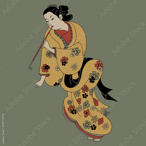 Vintage Japanese lady in kimono smoking opium. Art of Okumura Masanobu. On green background.