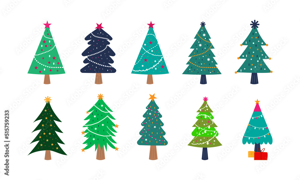 Set of Christmas trees. New Years and xmas traditional symbol tree with garlands, light bulb