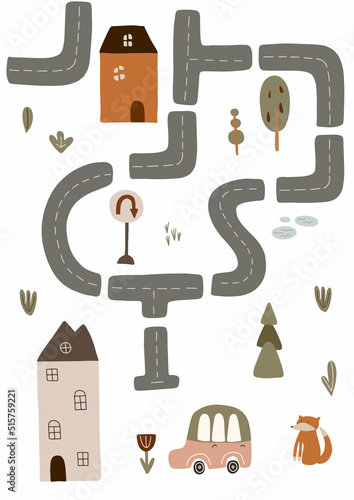 Cute town map for kid's room. Hand drawn vector illustration. Nursery concept for bedding, poster.