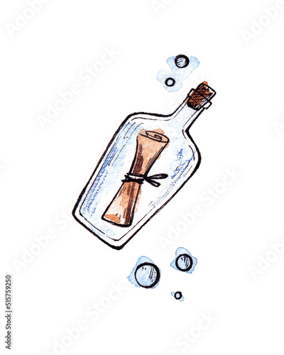 pirate bottle with message doodle illustration isolated on white background. watercolor hand drawing for printing on postcards, souvenirs, stickers, logos. summer, vacation, adventure.