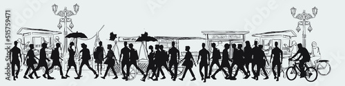 Vector illustration of street food vendors and pedestrians in Indonesia
