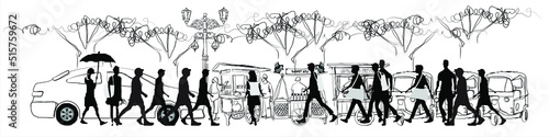Vector illustration of street food vendors and pedestrians in Indonesia