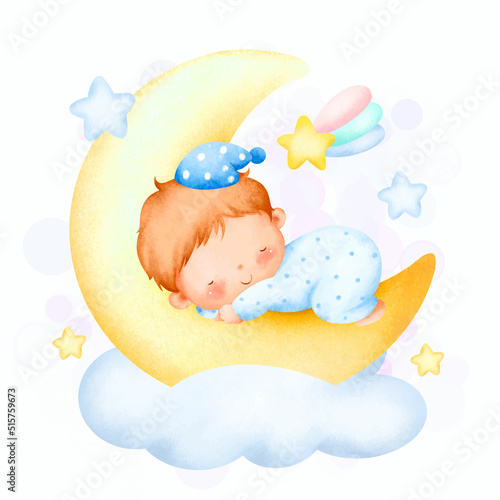 Watercolor illustration cute baby boy sleeping on the moon 