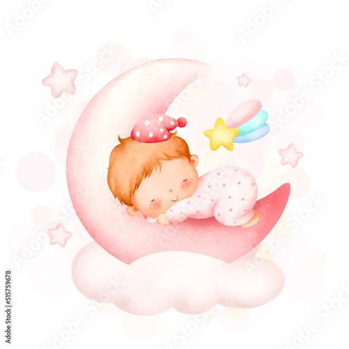 Watercolor illustration cute baby girl sleeping on the moon 