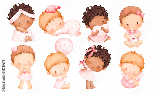 Watercolor illustration set of cute baby girl 