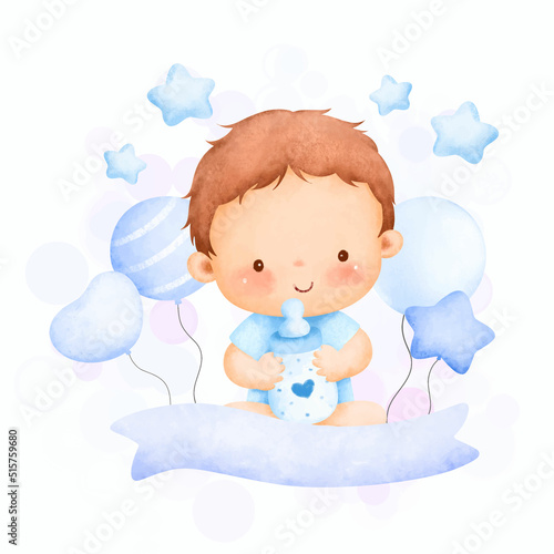 Watercolor illustration cute baby boy and balloons 