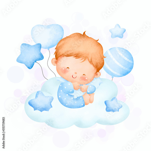 Watercolor illustration cute baby boy sitting on the cloud 