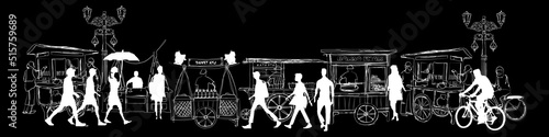 Vector illustration of street food vendors and pedestrians in Indonesia