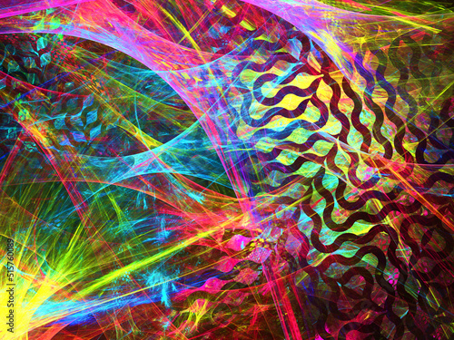 Imagen de arte imaginario digital compuesta de velos coloridos entrelazados y mezclados con rayas negras en zigzag en un todo que simula ser la construcción de una estructura con tecnología alienígena