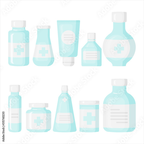 Medical bottle with label. Pill flat icon isolated on white background. Flat vector illustration.
