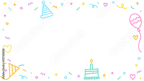 Cute Happy Birthday Party Confetti Colorful Pink Blue Green Orange Purple Violet Yellow Doodle Rainbow Color White Background Border Frame Invitation Card Rectangle Icon Vector Illustration