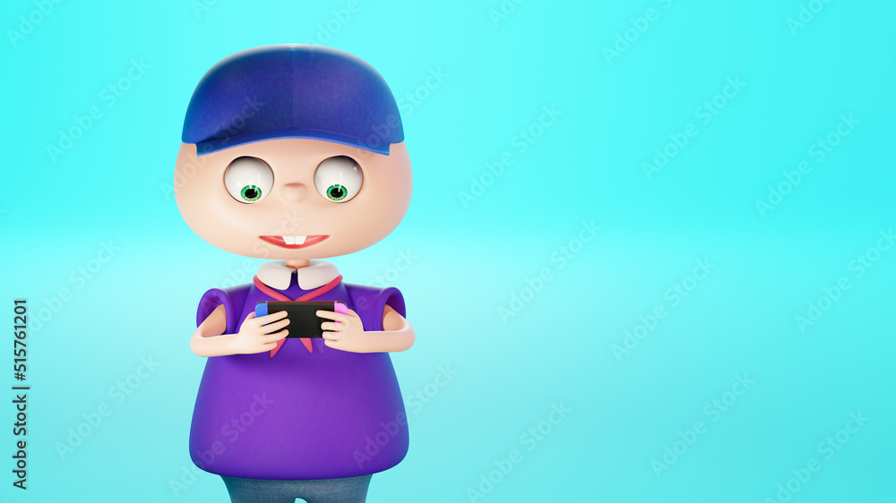 Cartoon character is playing a portable console. Boy plays a video game, 3d render Cartoon character is playing a portable console. Boy plays a video game, 3d render