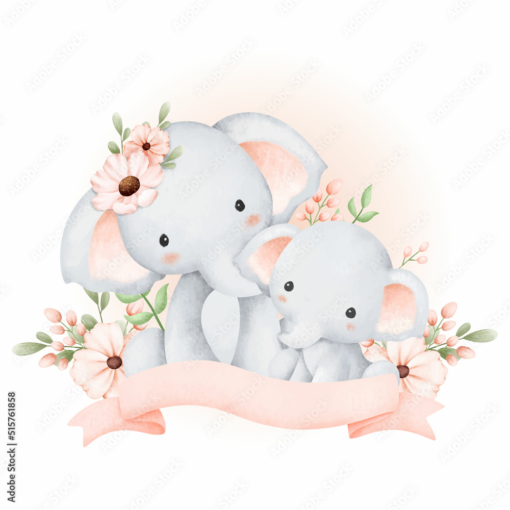 Obraz premium Watercolor mom and baby elephant with flowers and ribbon