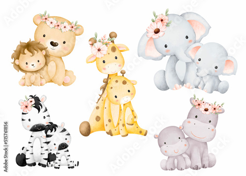 Watercolor Illustration set of mom and baby safari animals 