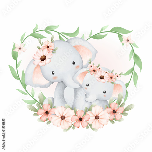 Watercolor mom and baby elephant in flower and leaves wreath