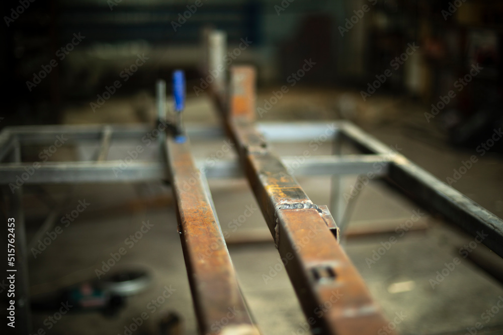 Metal in workshop. Garage for work. Steel processing. Metal in workshop. Garage for work. Steel processing.