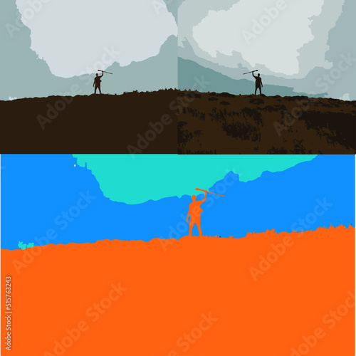 Silhouette of a man on top of a hill lifting Nordic walking poles with his arm. Celebrating having reached the top of trekking or hiking.
