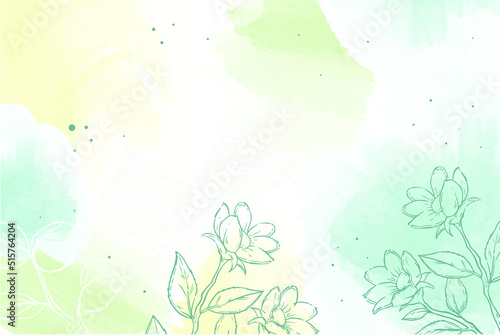 Watercolour light blue, yellow and green floral background. Creative paintbrush lines texture for backdrop. Hand drawn paint strokes design artwork vector. 