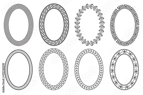 Greek key oval frame set. Circle borders with meander ornaments. Ellipse ancient designs. Vector