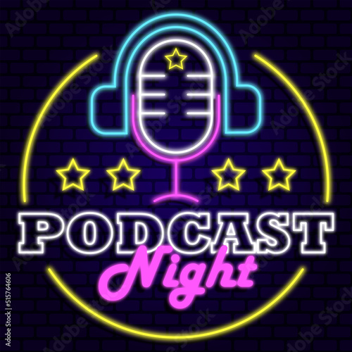 podcast night neon signs style glow effect logo typography lettering background banner illustration