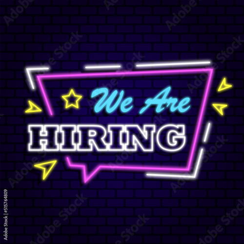 we are hiring neon signs style glow effect logo typography lettering background banner illustration