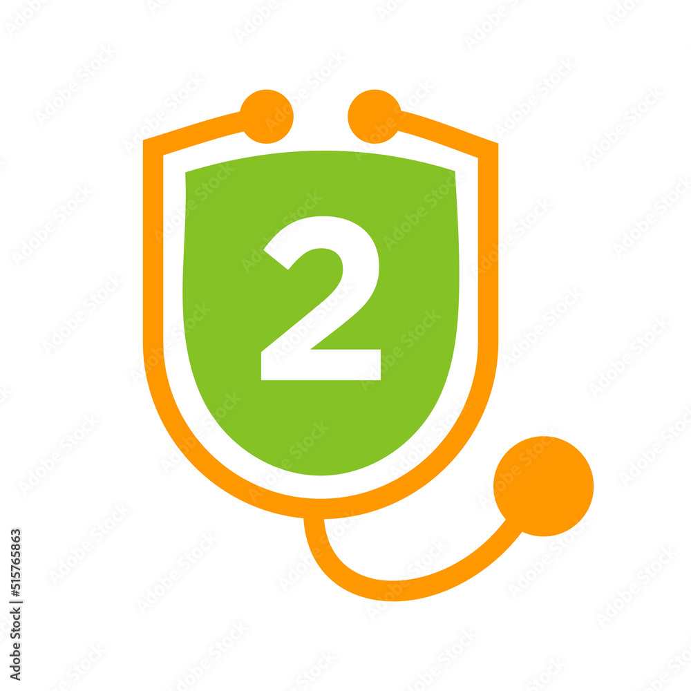 Obraz premium Letter 2 Healthcare Logo. Doctor and Medical Logotype on Letter 2 Concept with Shield Stethoscope Sign