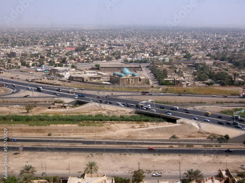 Aerial view of a highway in Baghdad, Iraq, seen from a Blackhawk helicopter, during the war