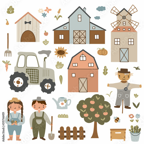 Vector farm set. Rural icons collection with funny kid farmers, barn, country house, tractor, windmill, fruit, vegetables, beehive. Cute flat garden illustration