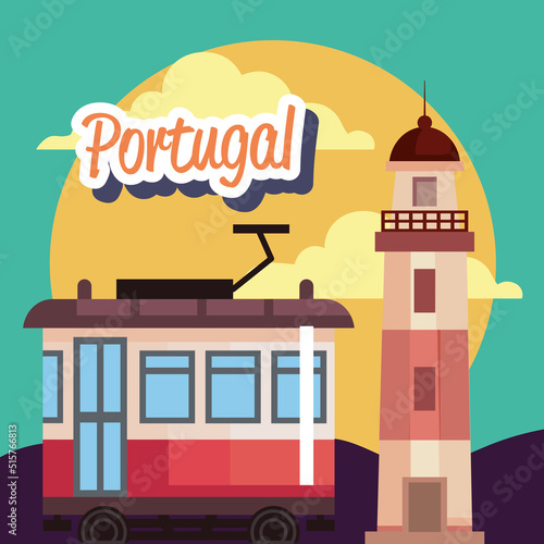 portugal lettering with tram and lighthouse