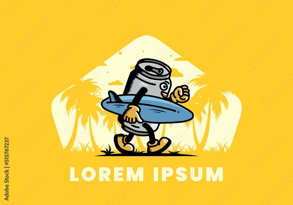 illustration of a drink can holding a surfboard
