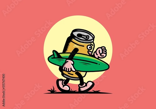 illustration of a drink can holding a surfboard