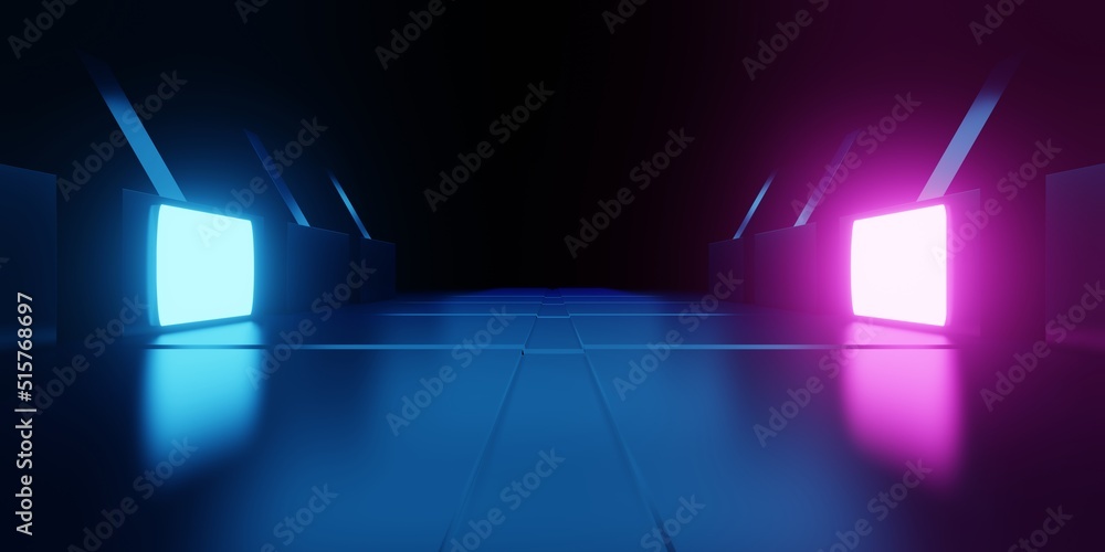 3d rendering of spaceship corridor neon glowing blue purple background ...
