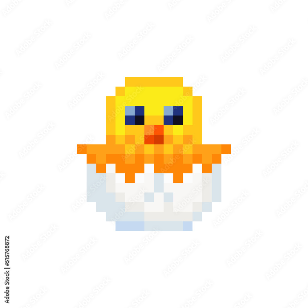 Hatching Chick. Easter baby chicken character in eggshell. Pixel art. Happy Easter greeting card design. Isolated vector illustration. Hatching Chick. Easter baby chicken character in eggshell. Pixel art. Happy Easter greeting card design. Isolated vector illustration.