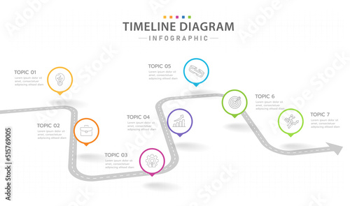 Infographic template for business. 7 Steps modern Timeline diagram calendar with arrows, presentation vector infographic.
